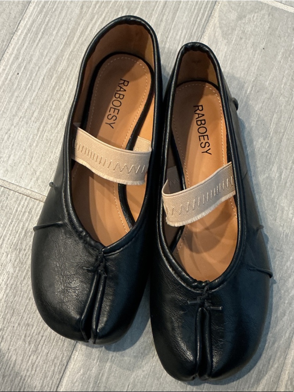 RABOESY Black Tabi-Style Leather Flats with Beige Strap Womens sz 38 US 7-7.5